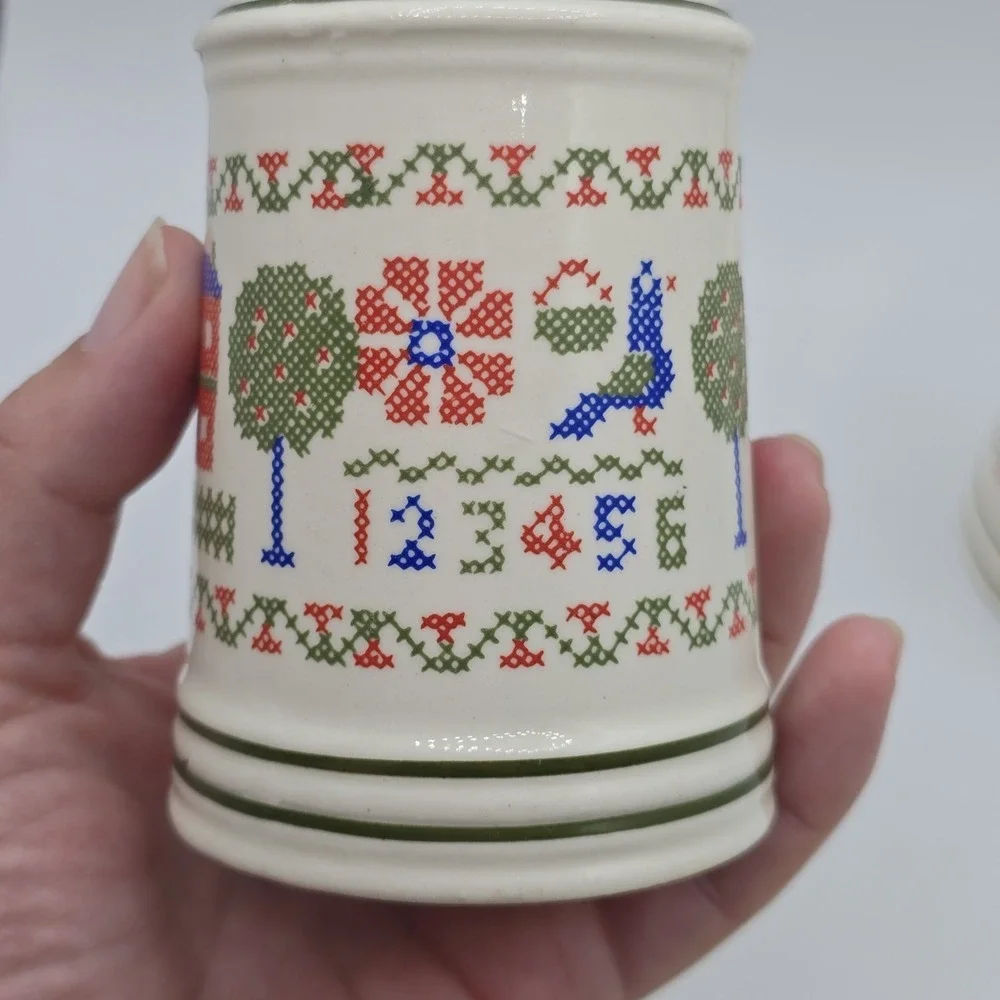 Vintage Cross Stitch Sampler Ceramic Salt and Pepper Shakers Cottagecore ABC 123